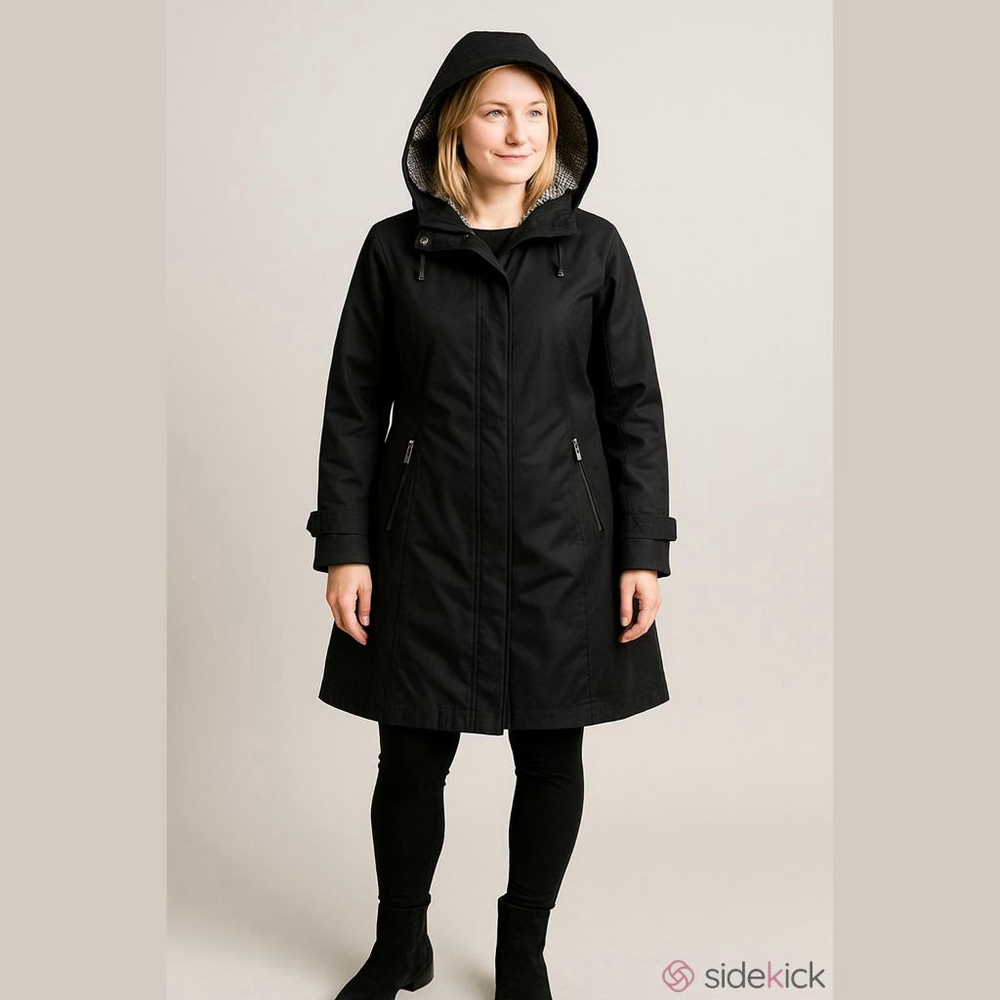 Women's GALLERY PETITE Black Hooded Trench Rain Coat, Plaid Lining Small Petite